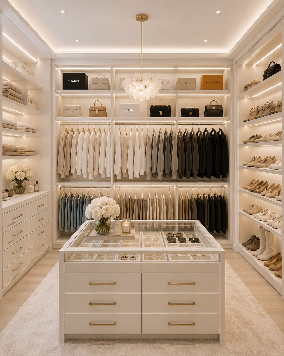 A beautifully organized luxury walk-in closet